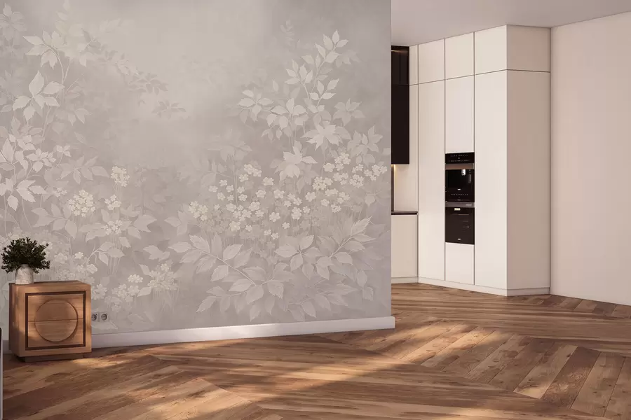 Papier peint Ornement botanique léger avec des feuilles et des petites fleurs w05115