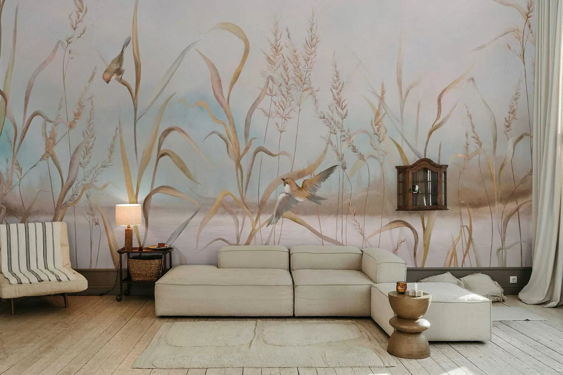 Papier peint Illustration de roseaux et d'oiseaux au bord de l'eau dans des tons doux w05125