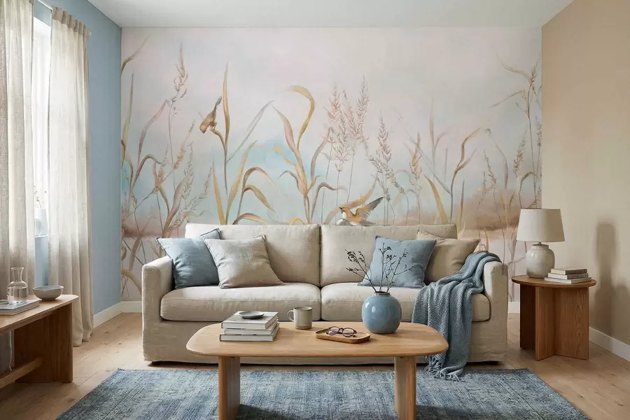 Papier peint Illustration de roseaux et d'oiseaux au bord de l'eau dans des tons doux w05125