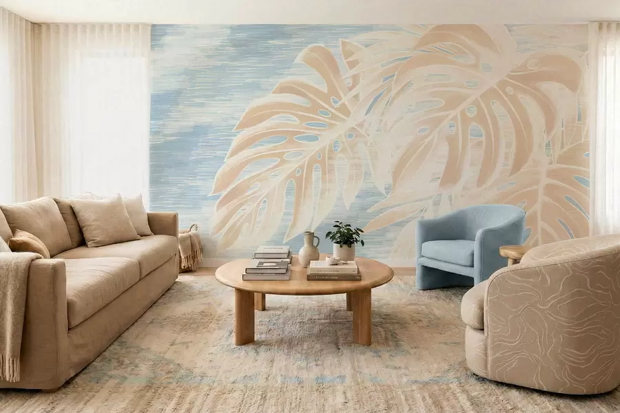 Papier peint Feuilles abstraites dans des tons beiges chauds sur fond clair w05130