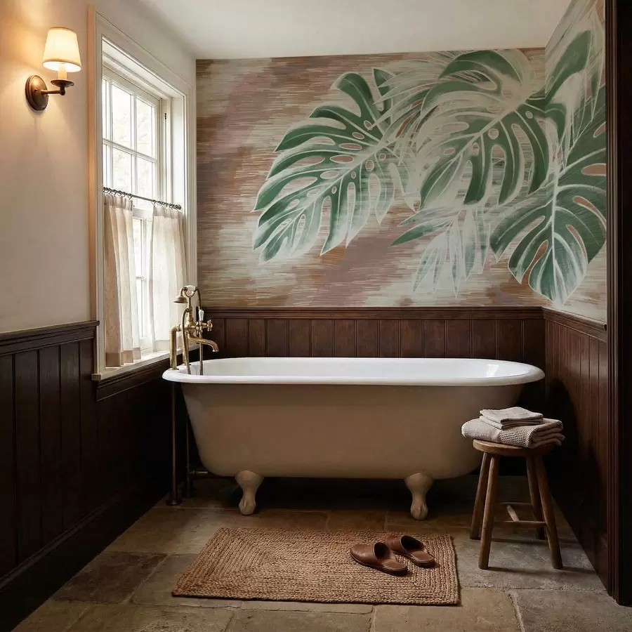 Papier peint Feuilles vertes sur un fond abstrait à la texture chaleureuse w05130v3