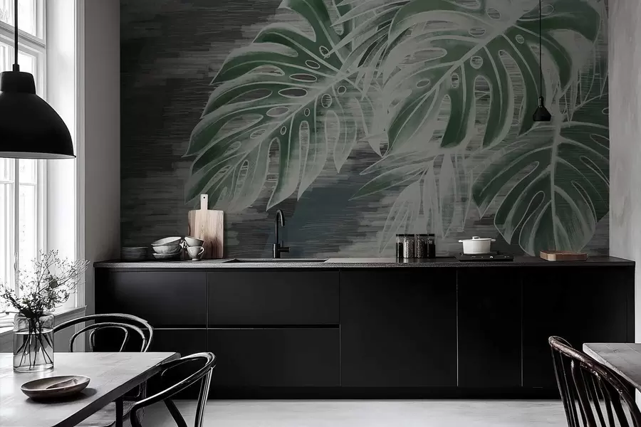 Papier peint Feuilles vert foncé sur fond sombre texturé w05130v4