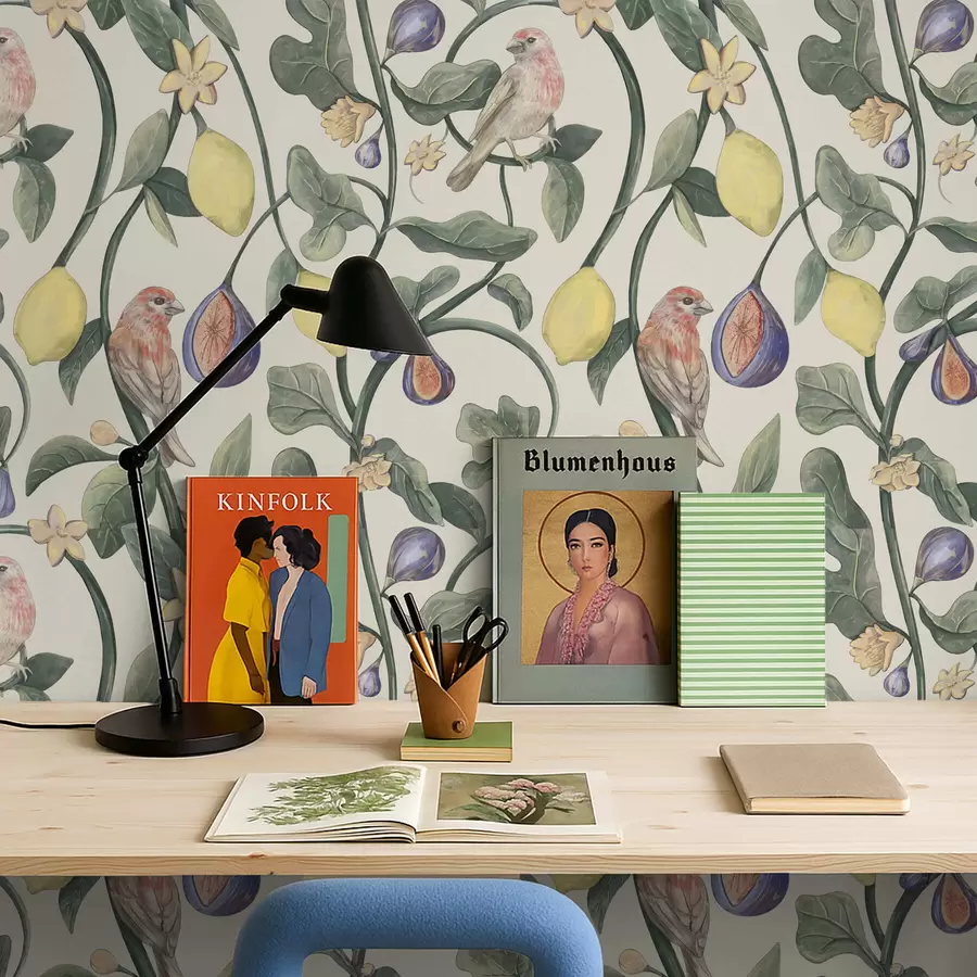 Papier peint Oiseaux parmi les feuilles et les fruits a01107