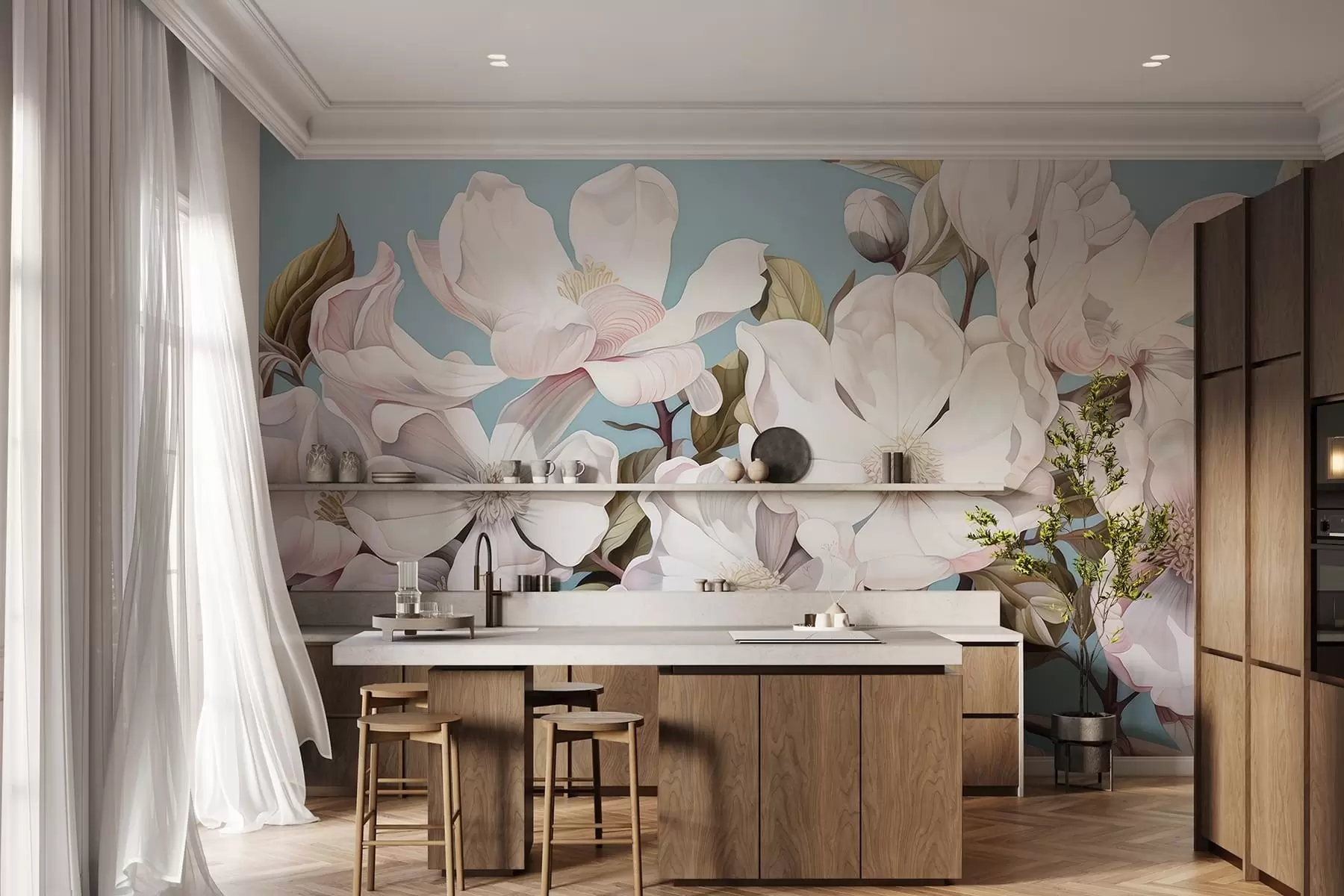 Papier peint Des fleurs luxuriantes sur une branche d'arbre w05178