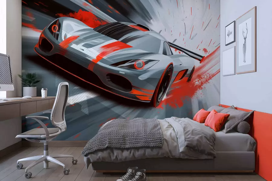 Papier peint voiture de sport dynamique dans un style de dessin numérique avec des accents rouges w05069v1