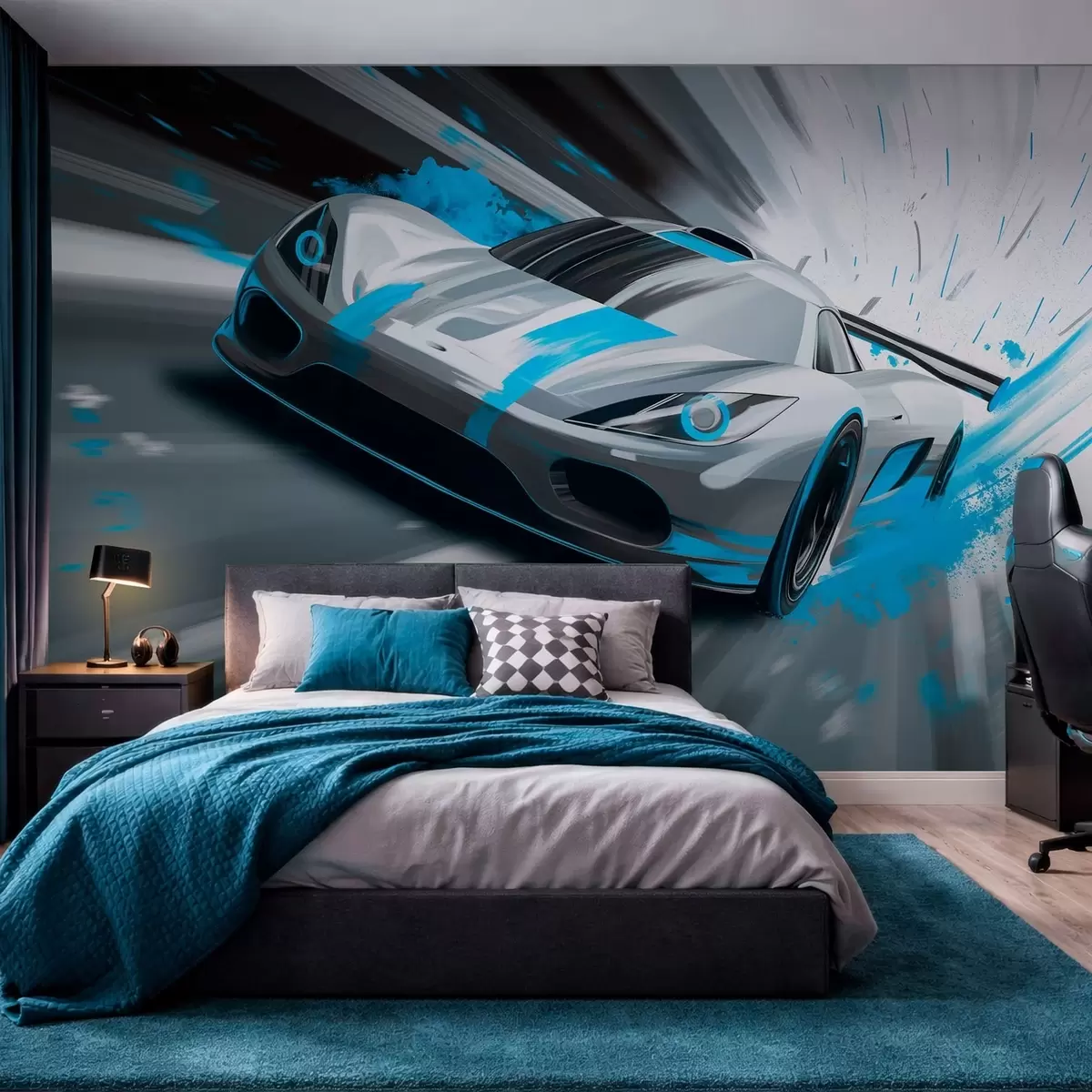 Papier peint voiture de sport dynamique dans un style de dessin numérique avec des accents turquoise w05069v3