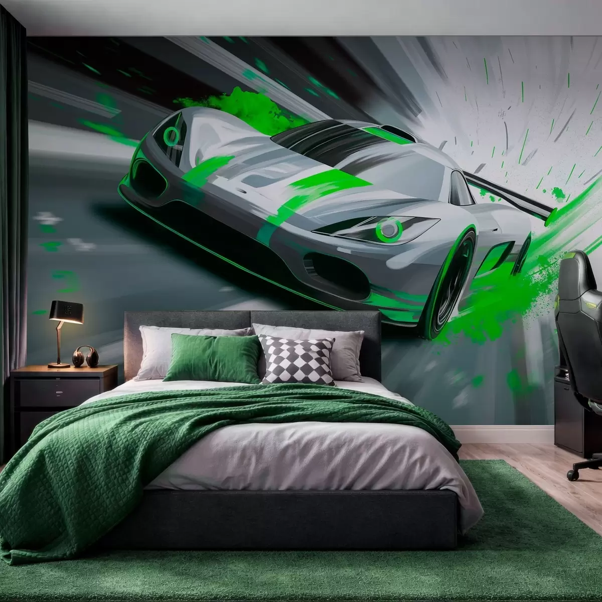 Papier peint voiture de sport dynamique dans un style de dessin numérique avec des accents verts w05069v4