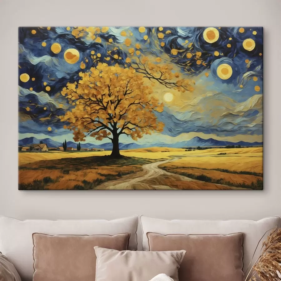Tableau Paysage avec un arbre et un ciel étoilé éclatant s47255