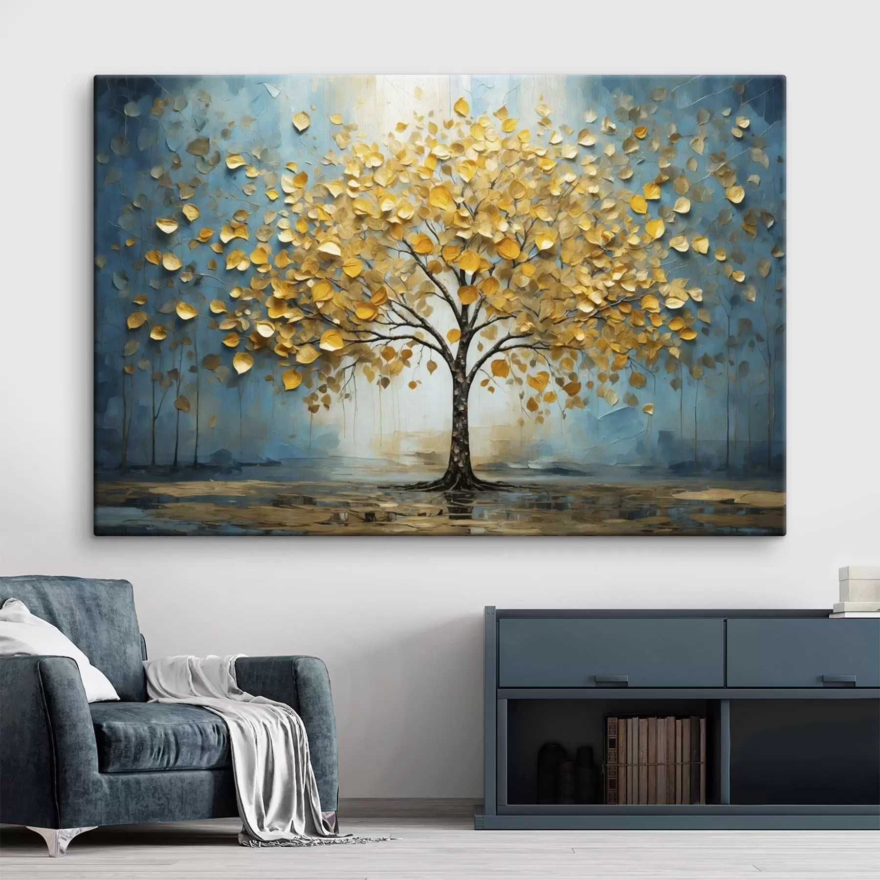 Tableau Arbre aux feuilles jaunes sur fond bleu s47256