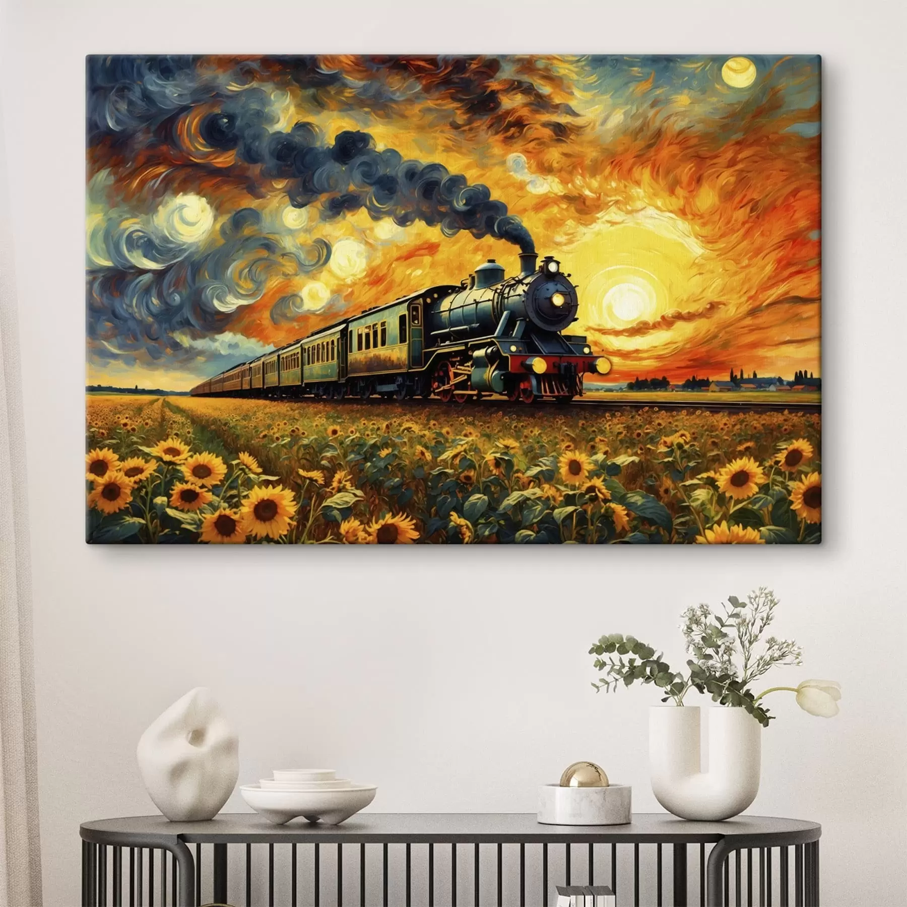 Tableau Train à vapeur dans un champ avec un ciel spectaculaire s47257