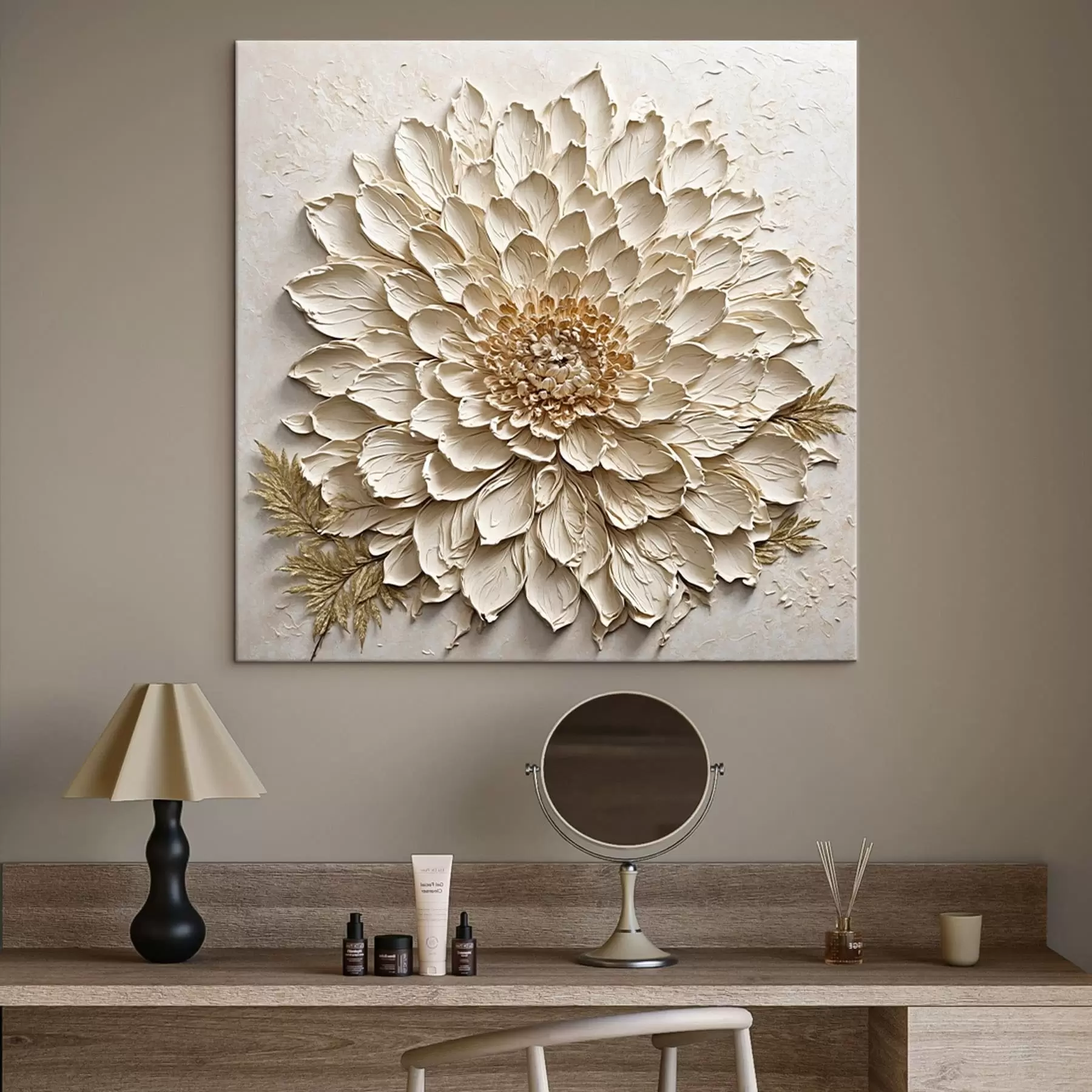 Tableau Fleur texturée dans les tons crème s47259