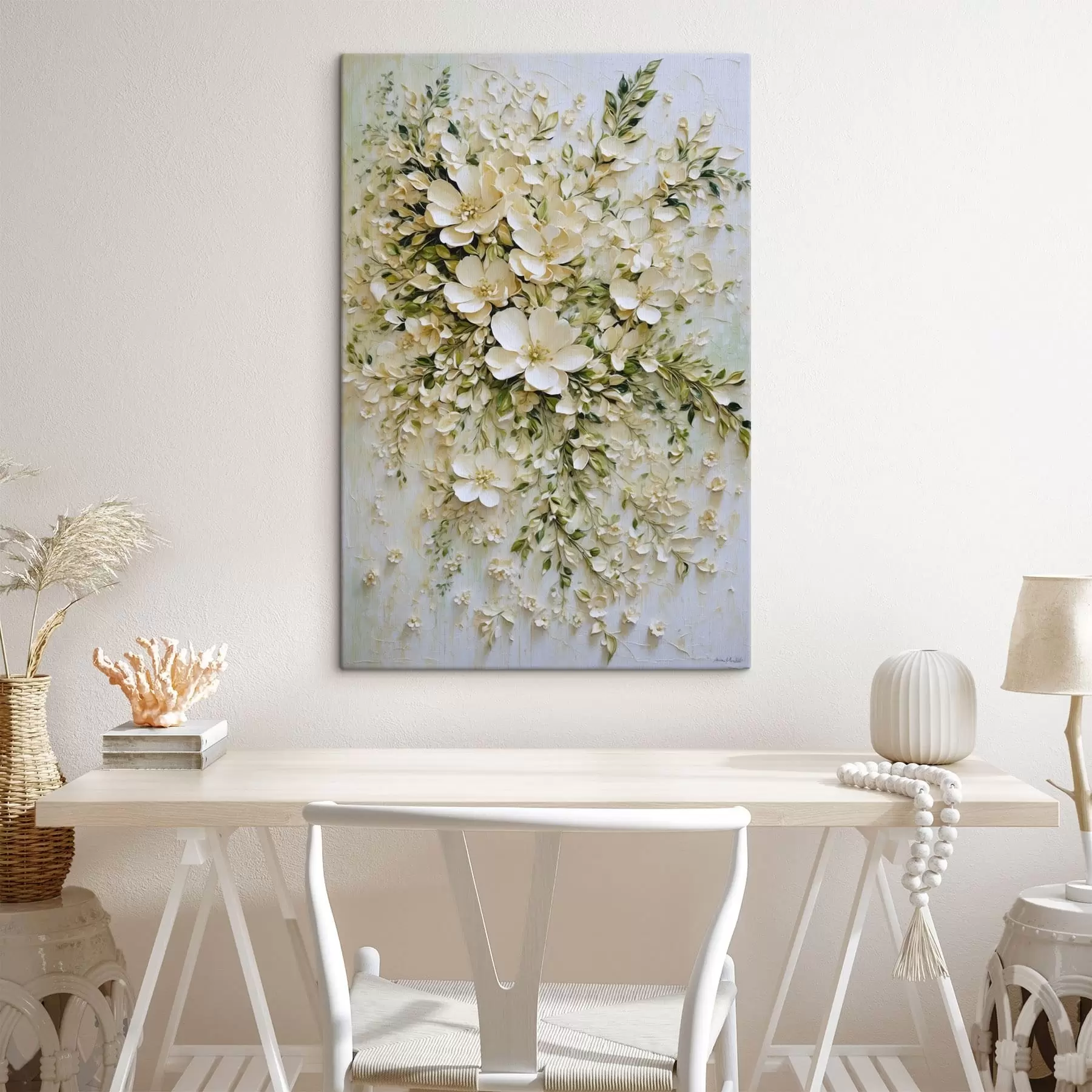 Tableau Grande composition de fleurs et de feuilles crème s47267