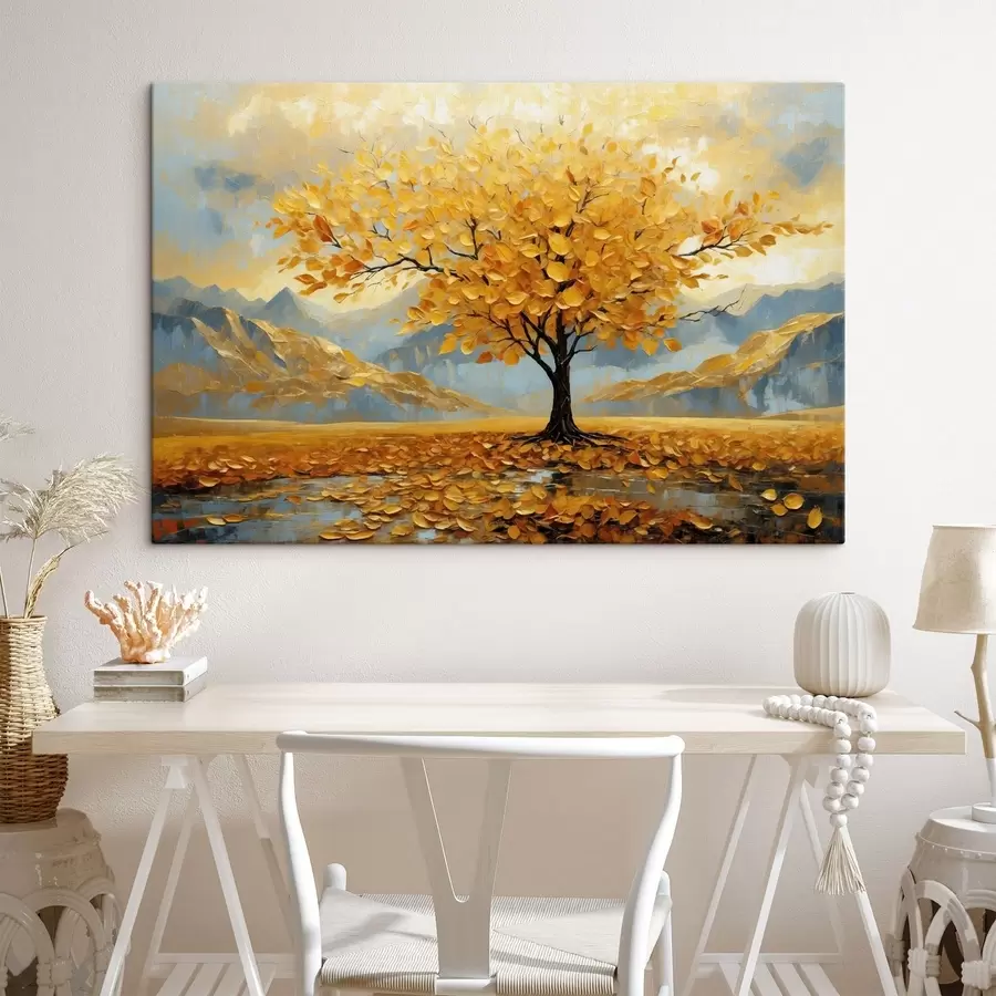 Tableau Arbre aux feuilles jaunes dans un paysage montagneux s47285