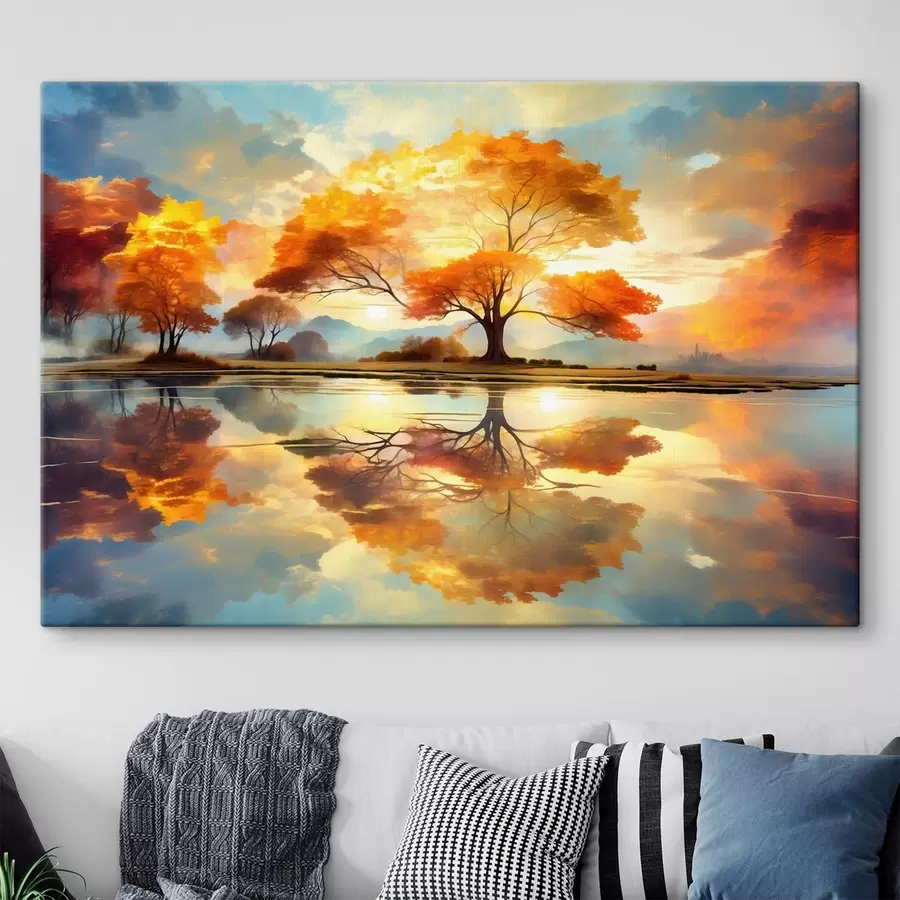 Tableau Des arbres aux couleurs vives se reflètent dans l'eau s47287