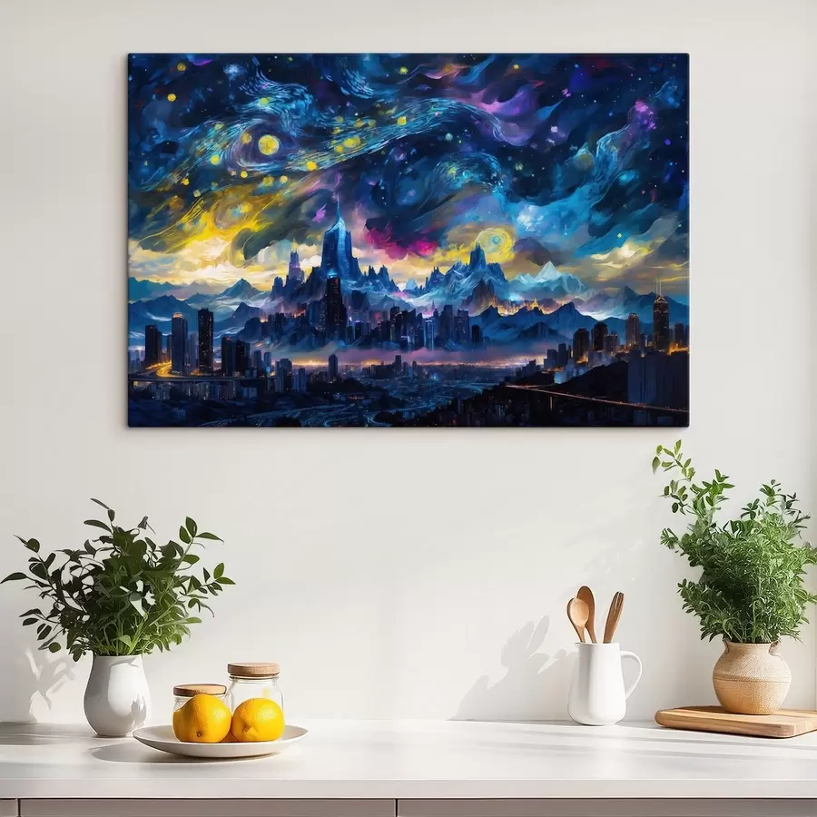 Tableau Une ville fantastique sous un ciel nocturne lumineux s47288