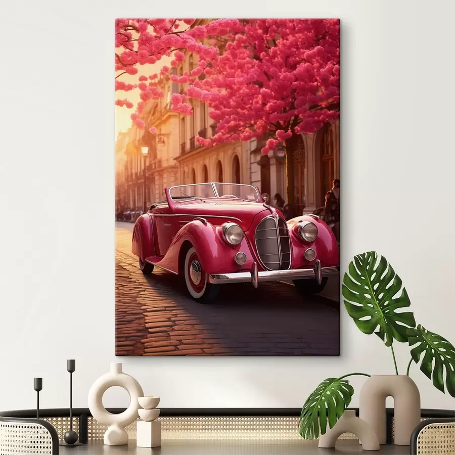 Tableau Voiture rose sous les arbres en fleurs s47295