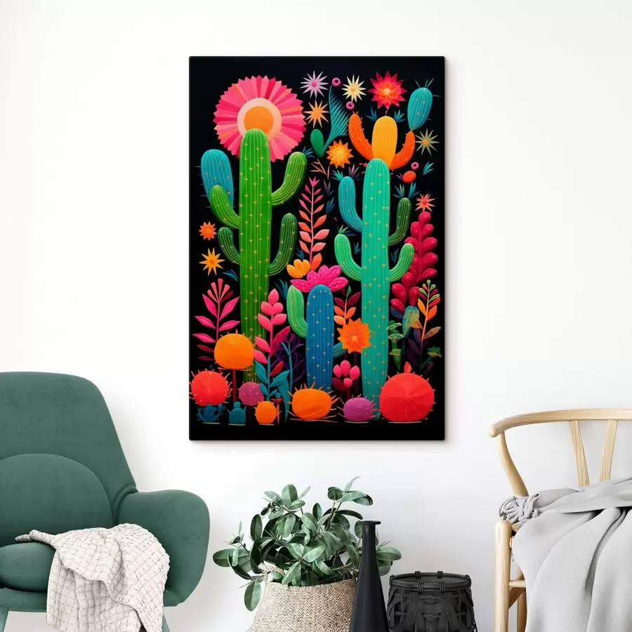 Tableau Cactus et fleurs éclatants sur fond sombre s47297