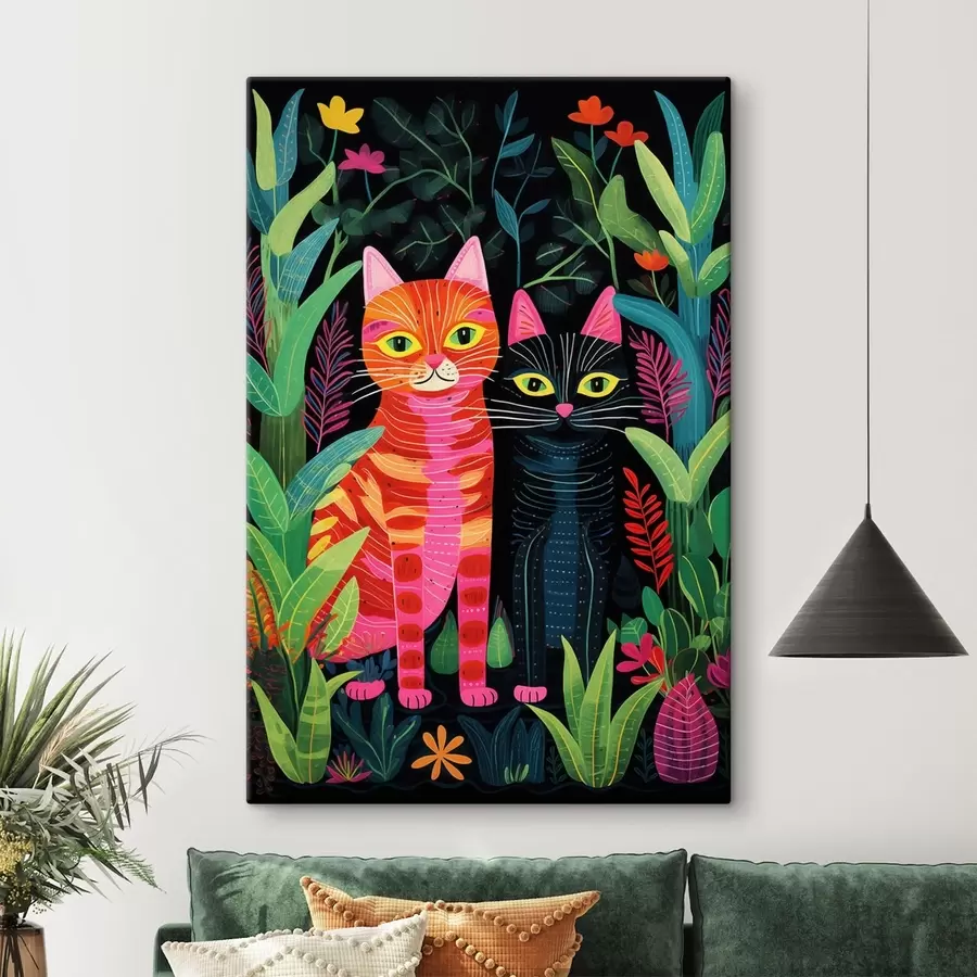 Tableau Deux chats stylisés parmi des plantes aux couleurs vives s47298