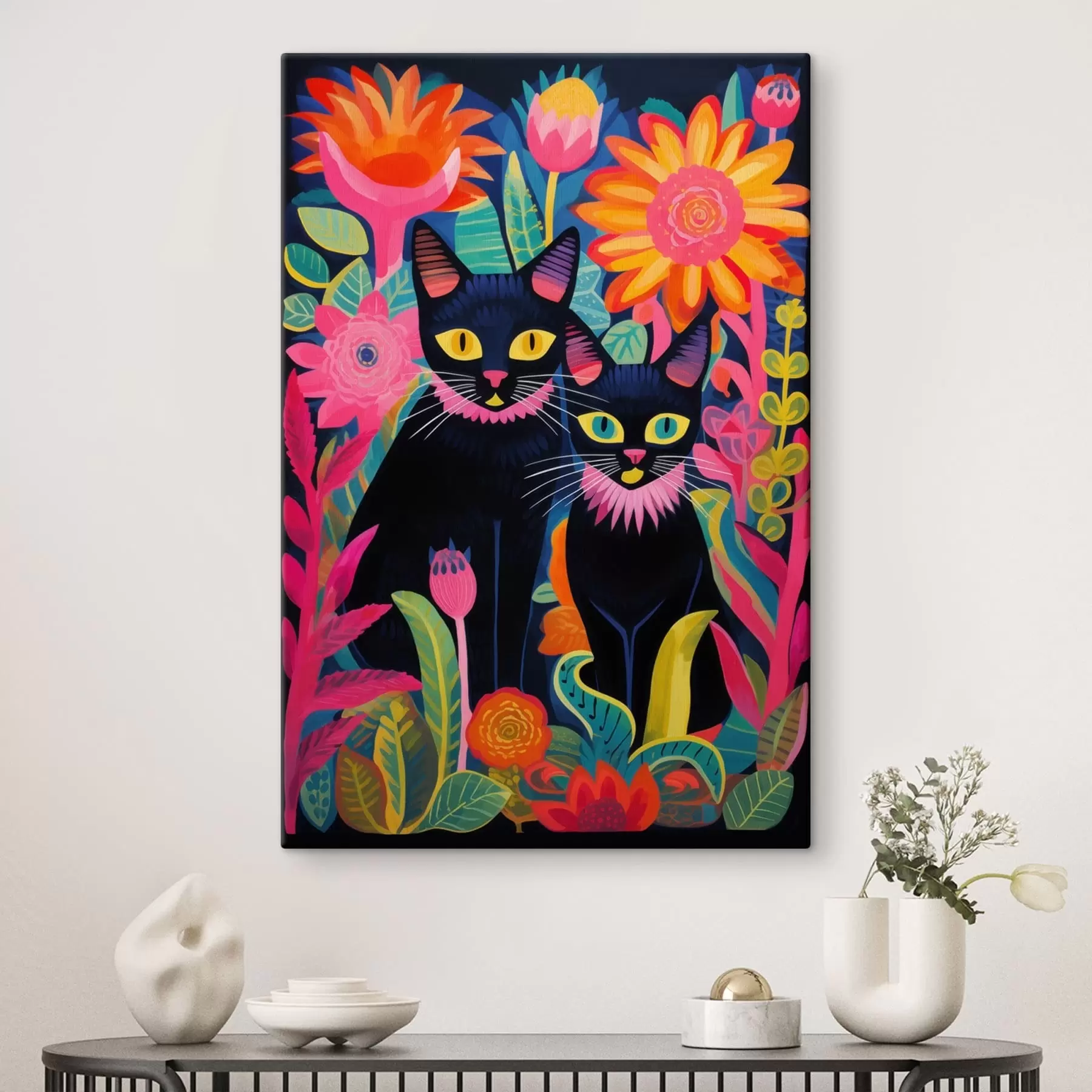 Tableau Deux chats noirs parmi des fleurs aux couleurs vives s47299