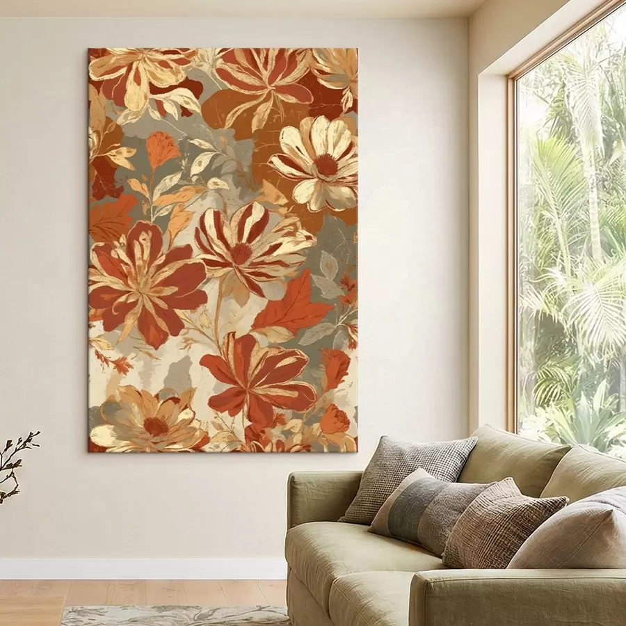 Tableau Motif floral dans des tons chauds rouille et crème s47770