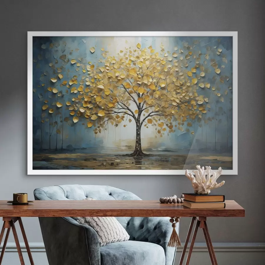 Papier peint Arbre aux feuilles jaunes sur fond bleu f47256