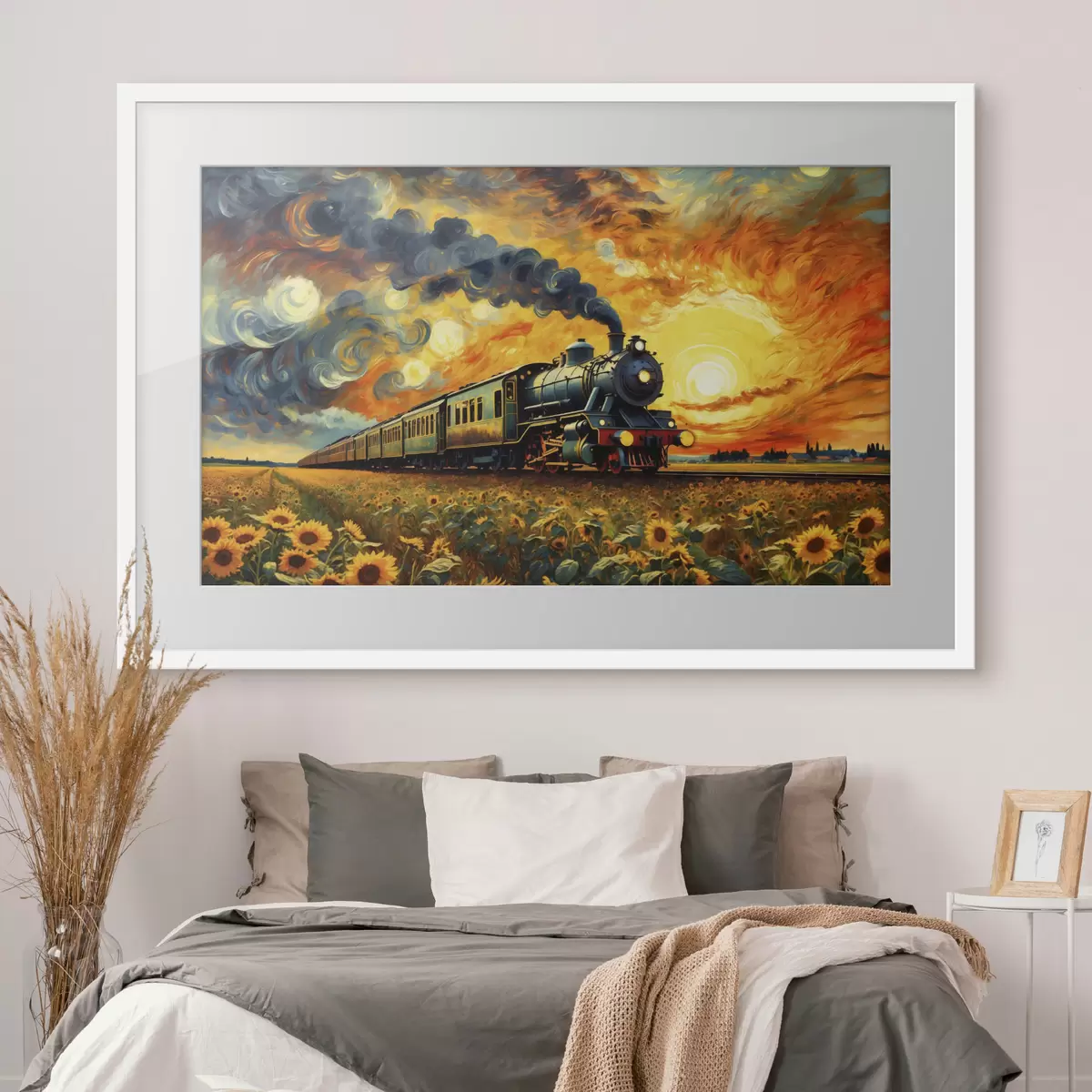 Poster Train à vapeur dans un champ avec un ciel spectaculaire f47257
