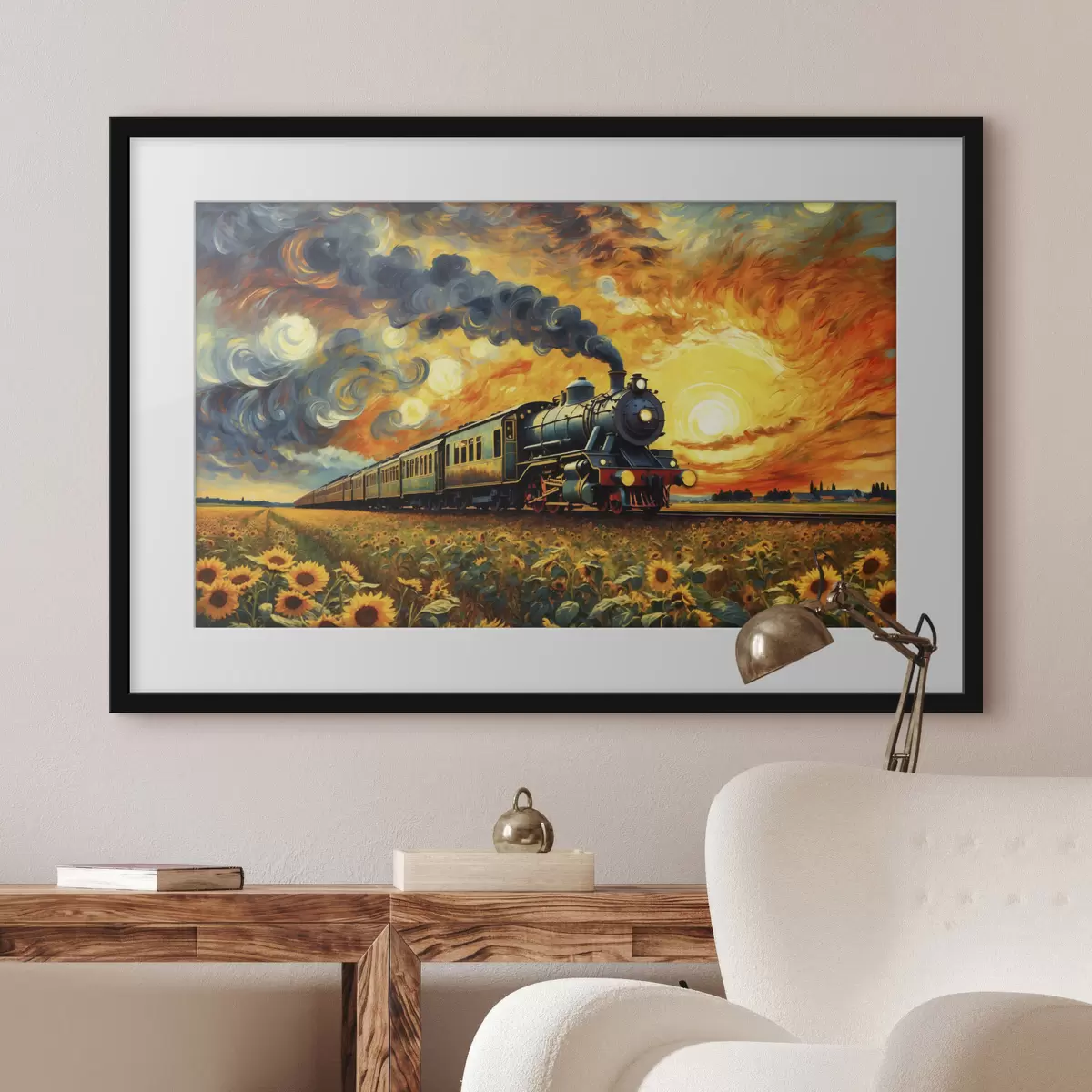 Poster Train à vapeur dans un champ avec un ciel spectaculaire f47257