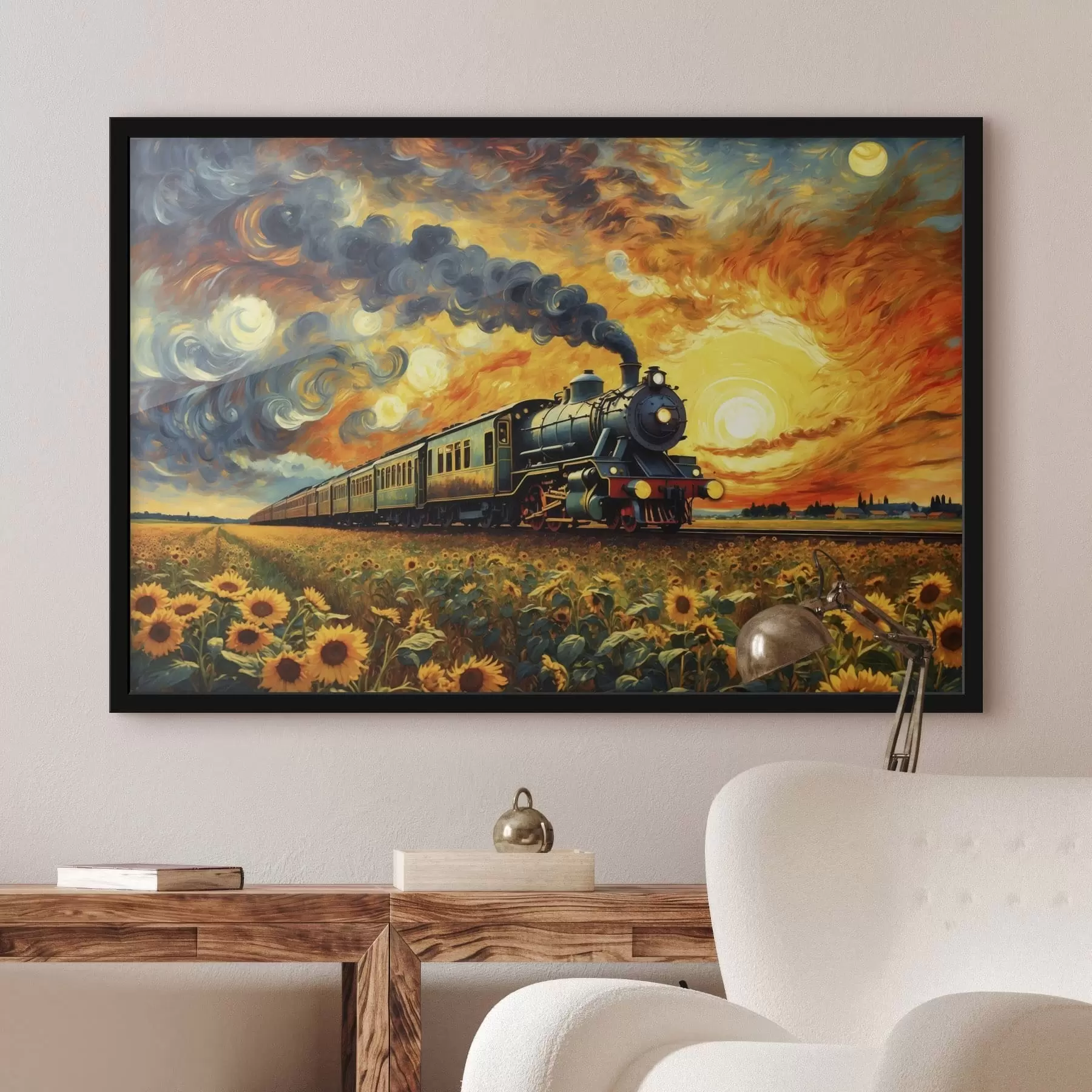 Papier peint Train à vapeur dans un champ avec un ciel spectaculaire f47257