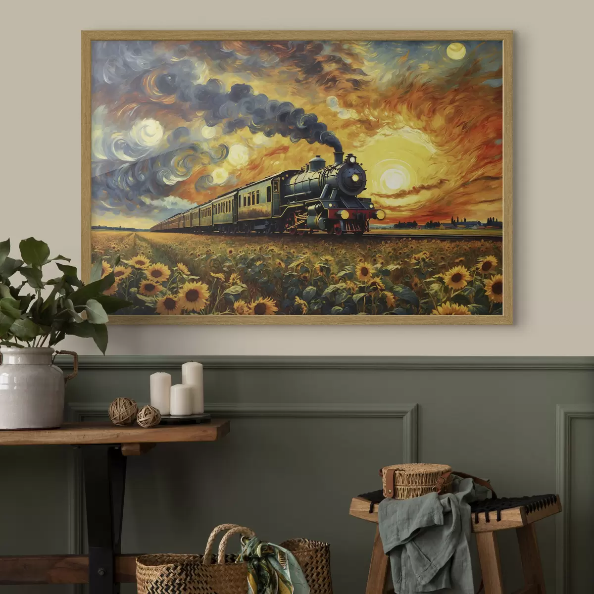 Poster Train à vapeur dans un champ avec un ciel spectaculaire f47257
