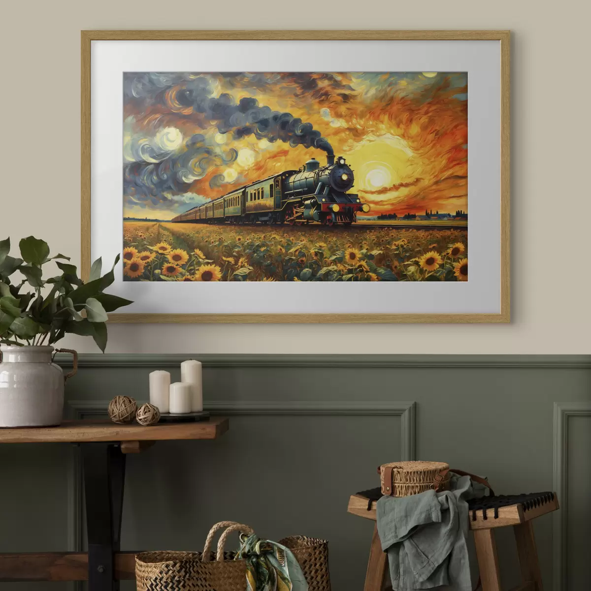 Poster Train à vapeur dans un champ avec un ciel spectaculaire f47257
