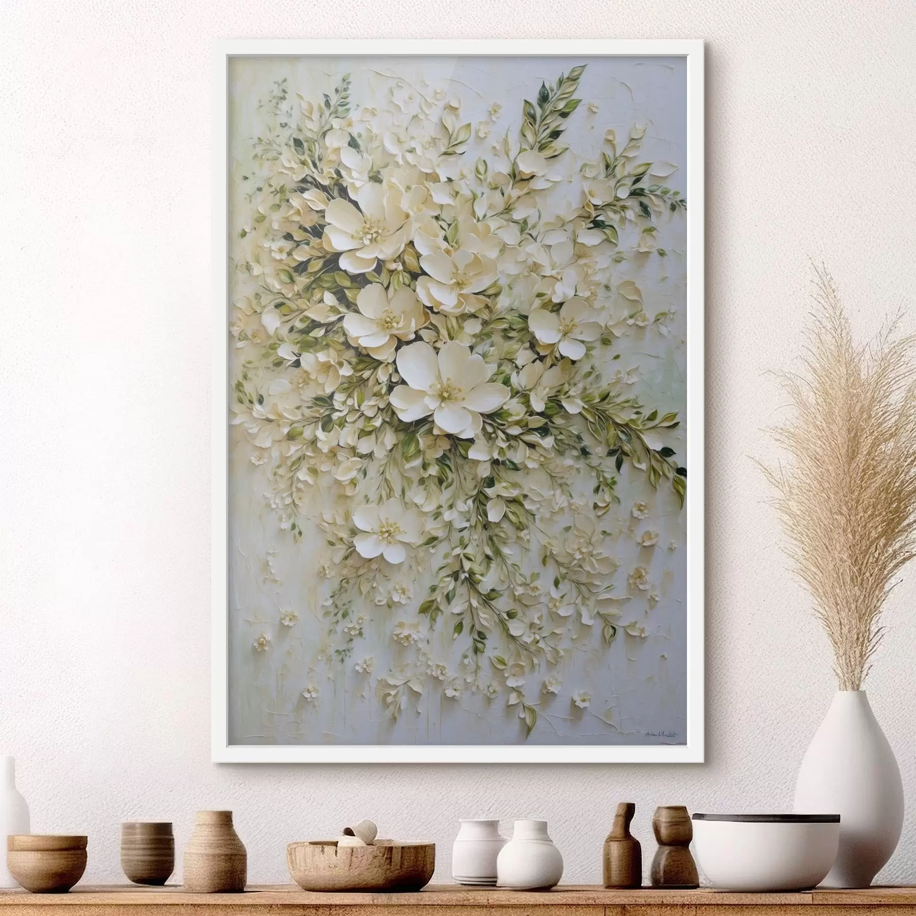 Papier peint Grande composition de fleurs et de feuilles crème f47267