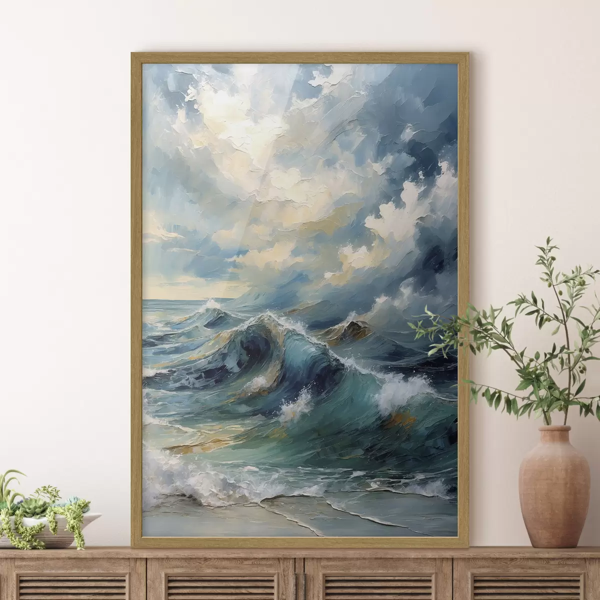 Poster Vagues sous un ciel nuageux et lumineux f47275