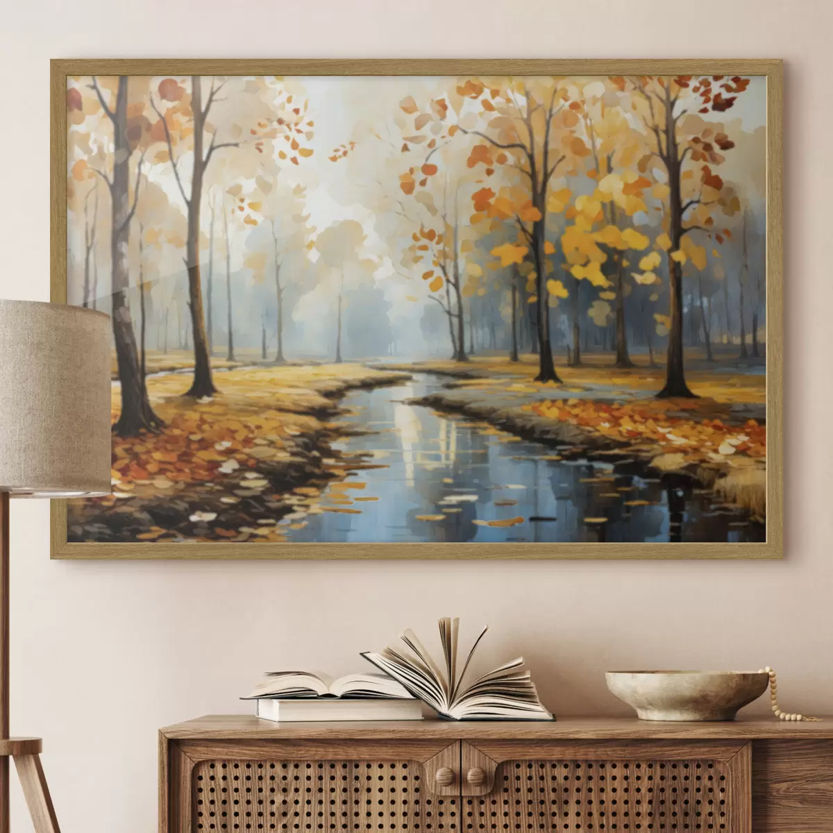 Poster Forêt automnale avec un ruisseau et des feuilles jaunes f47278
