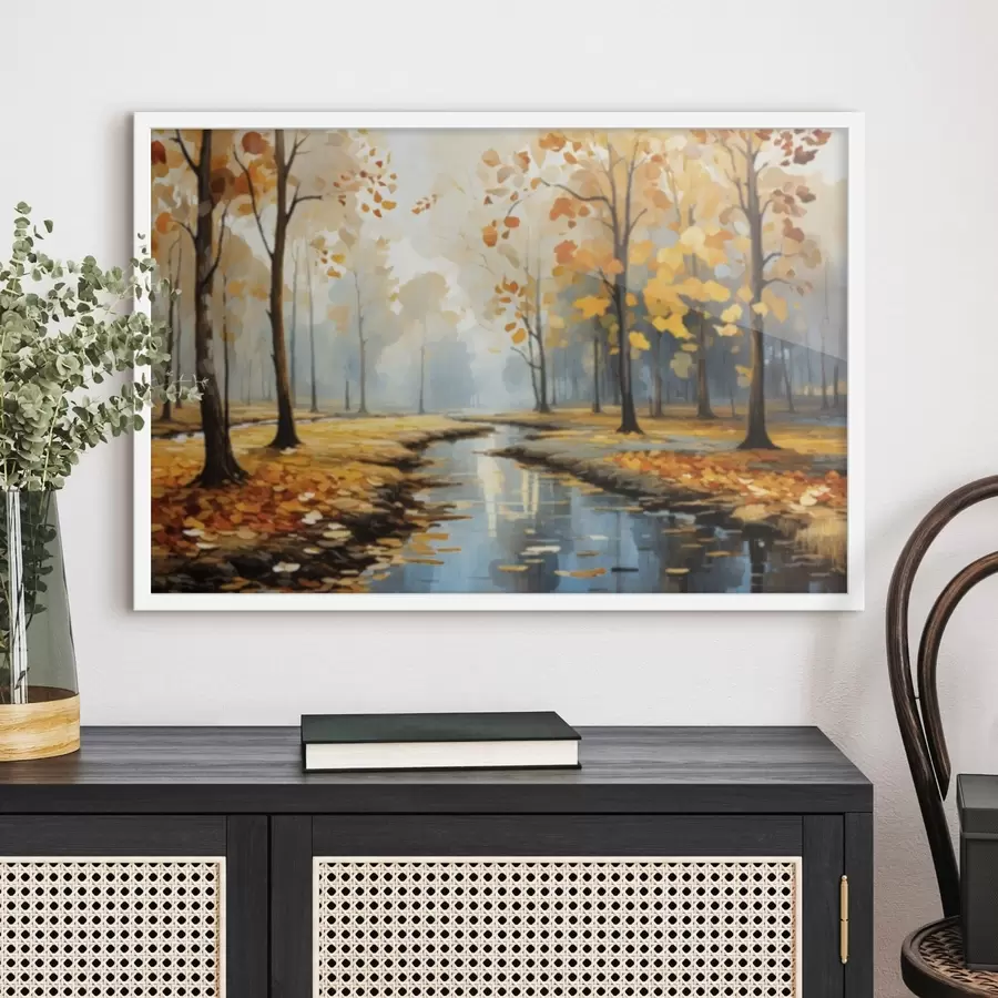 Papier peint Forêt automnale avec un ruisseau et des feuilles jaunes f47278