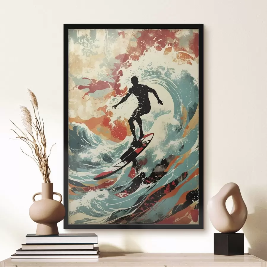 Papier peint Silhouette d'un surfeur sur des vagues aux couleurs vives f47284