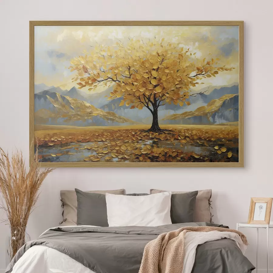 Papier peint Arbre aux feuilles jaunes dans un paysage montagneux f47285