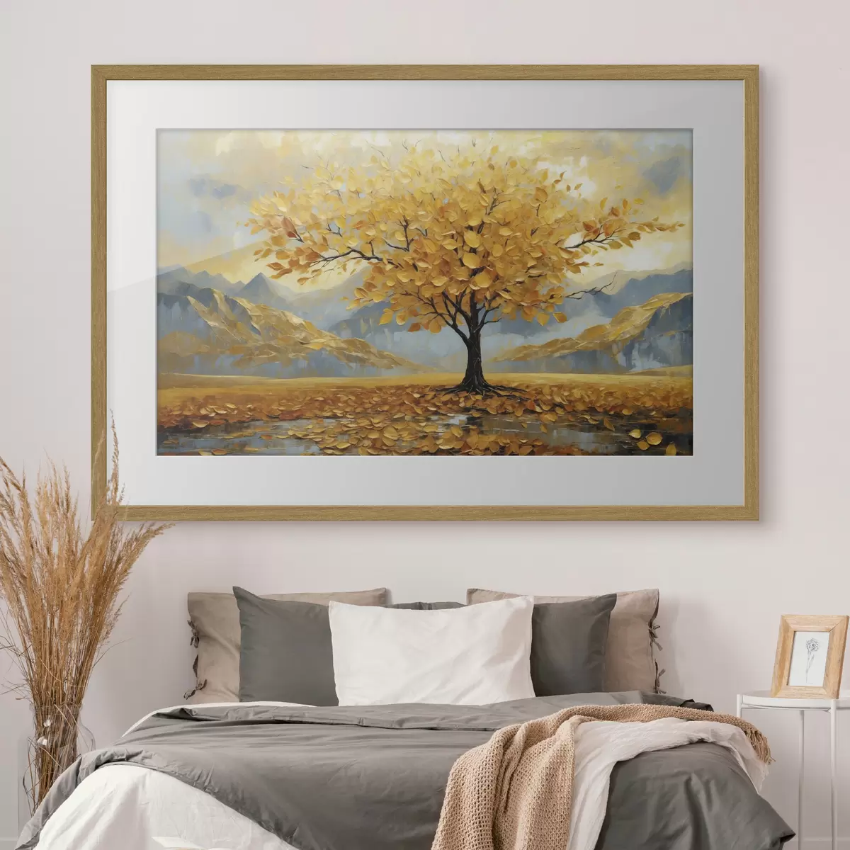 Poster Arbre aux feuilles jaunes dans un paysage montagneux f47285