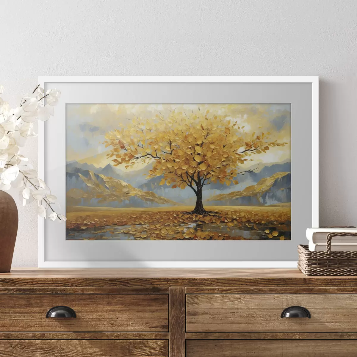 Poster Arbre aux feuilles jaunes dans un paysage montagneux f47285
