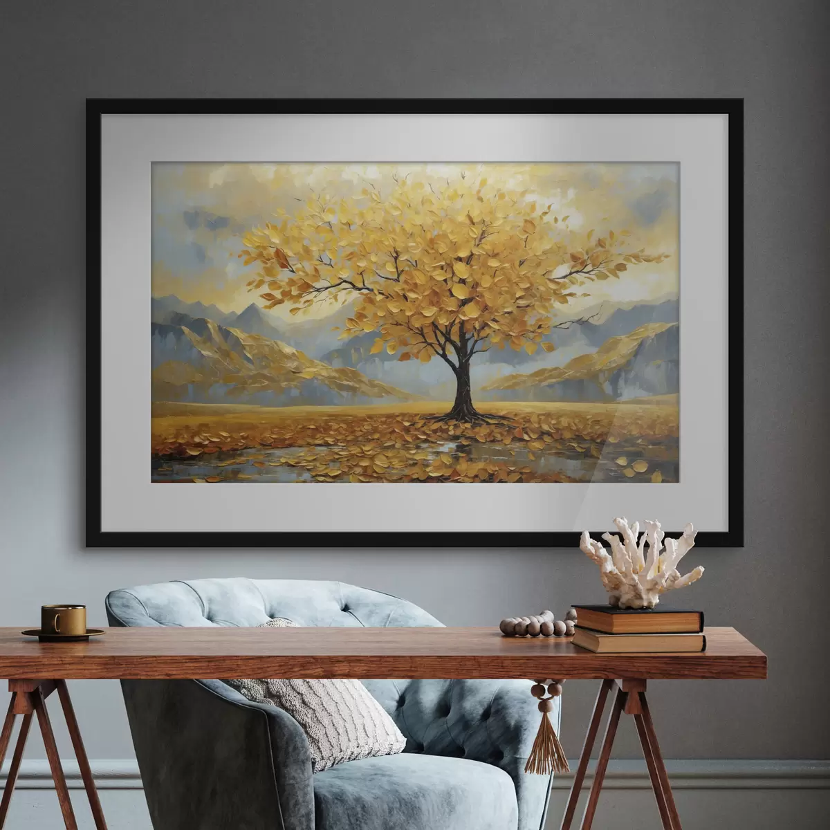 Poster Arbre aux feuilles jaunes dans un paysage montagneux f47285