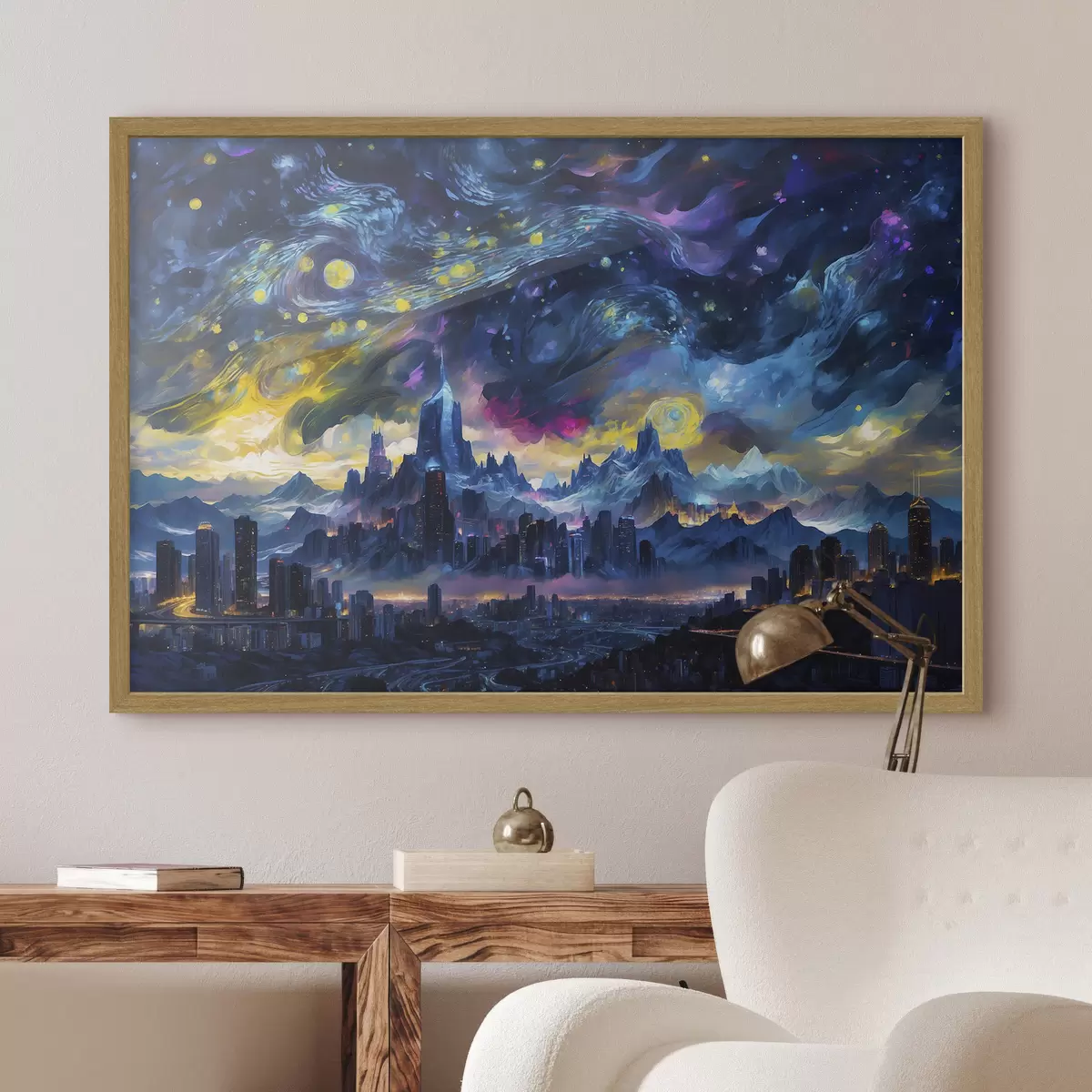 Poster Une ville fantastique sous un ciel nocturne lumineux f47288