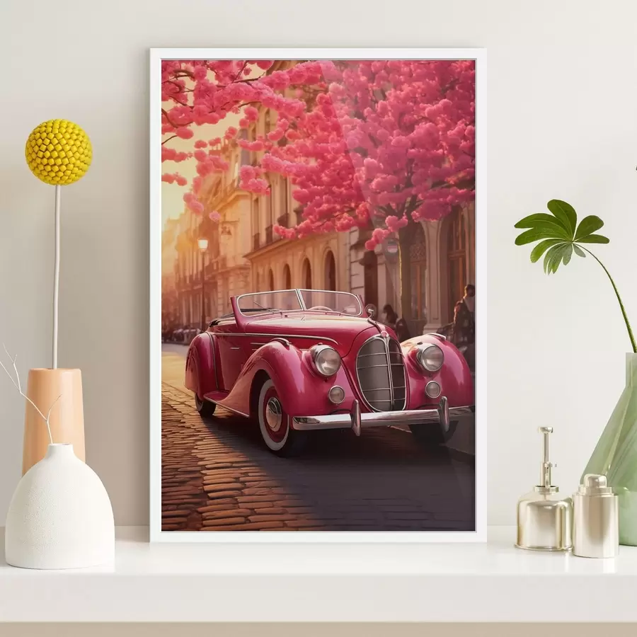 Papier peint Voiture rose sous les arbres en fleurs f47295