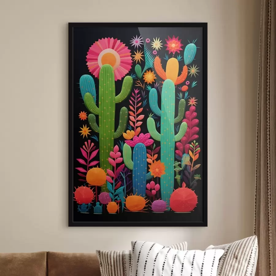 Papier peint Cactus et fleurs éclatants sur fond sombre f47297