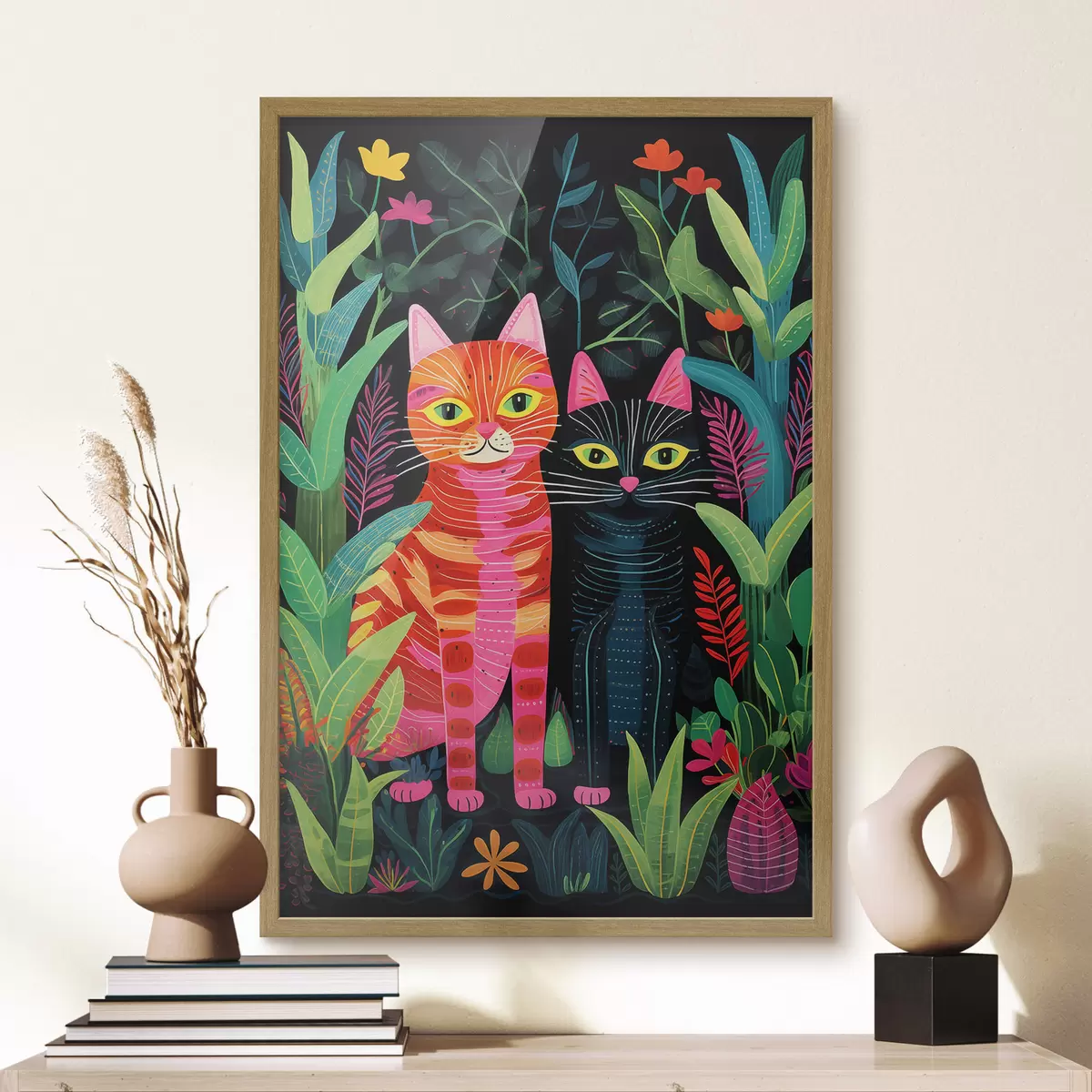 Poster Deux chats stylisés parmi des plantes aux couleurs vives f47298