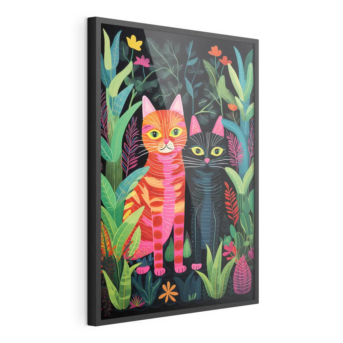 Poster Deux chats stylisés parmi des plantes aux couleurs vives f47298