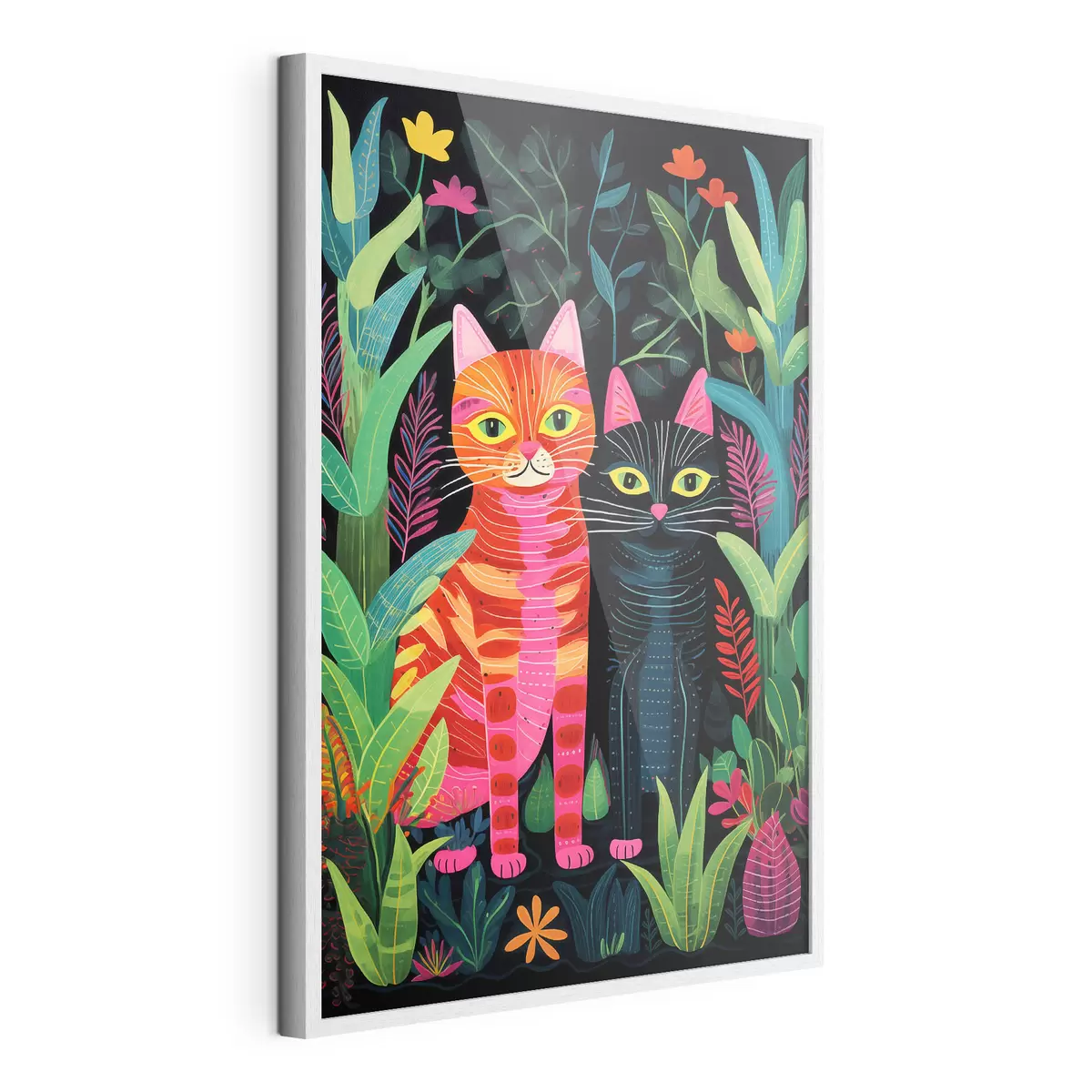 Poster Deux chats stylisés parmi des plantes aux couleurs vives f47298