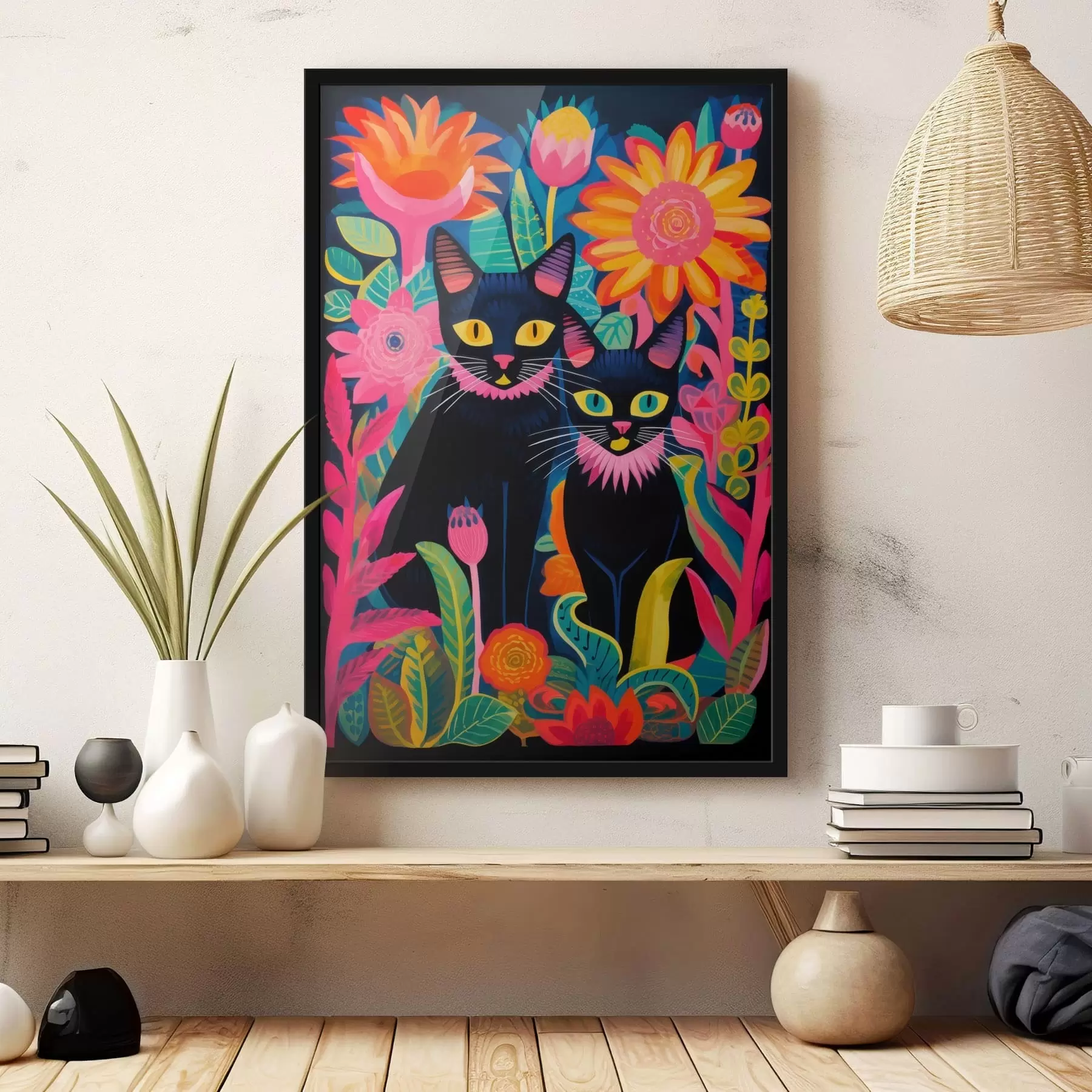 Papier peint Deux chats noirs parmi des fleurs aux couleurs vives f47299