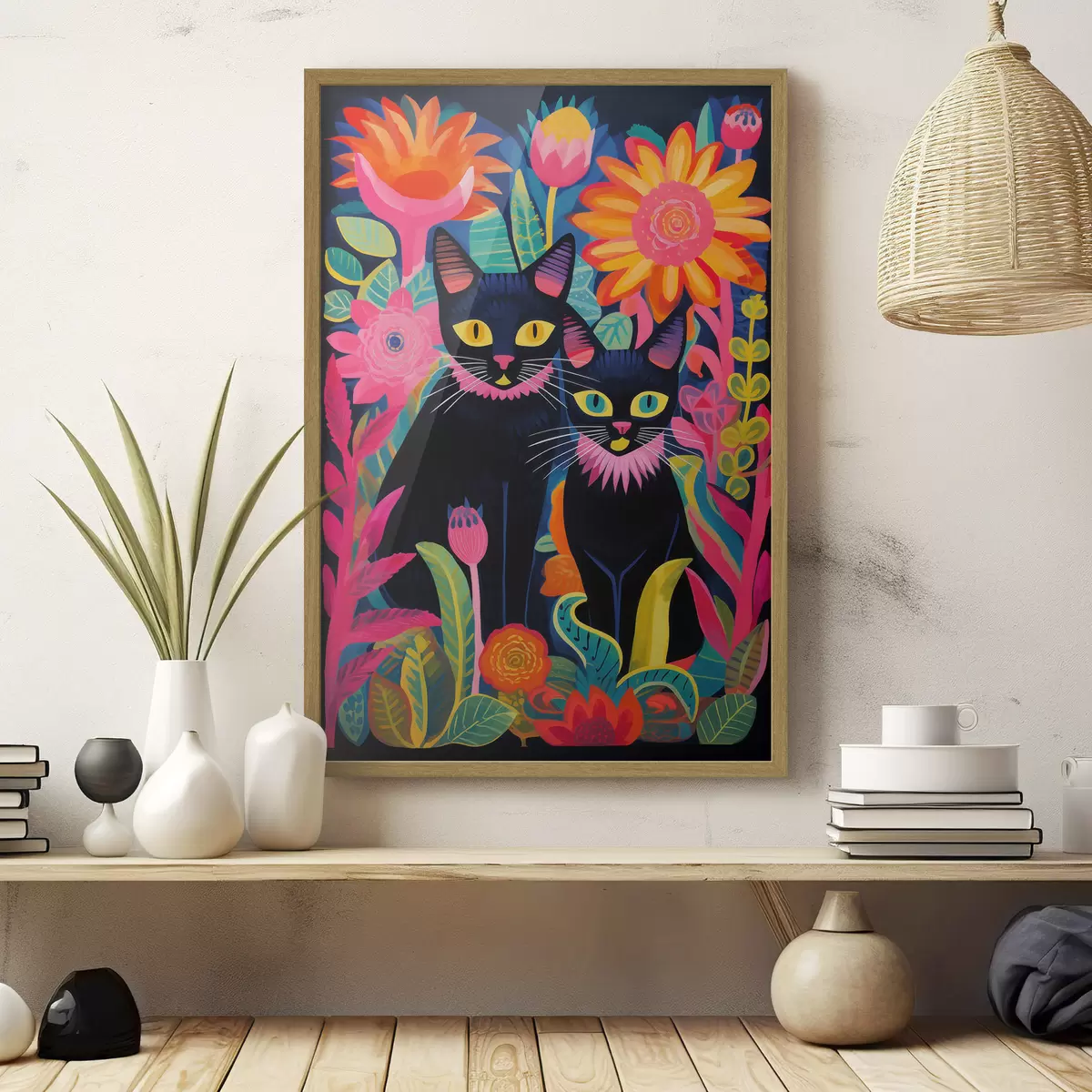 Poster Deux chats noirs parmi des fleurs aux couleurs vives f47299