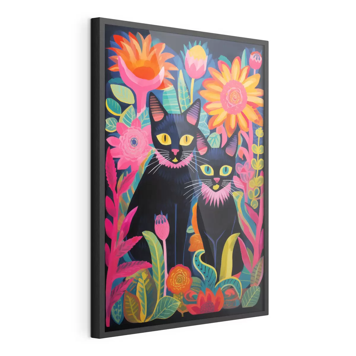 Poster Deux chats noirs parmi des fleurs aux couleurs vives f47299