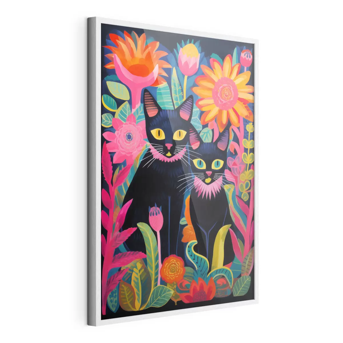 Poster Deux chats noirs parmi des fleurs aux couleurs vives f47299