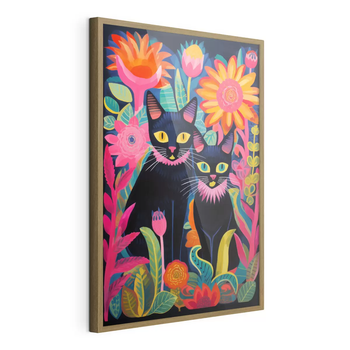 Poster Deux chats noirs parmi des fleurs aux couleurs vives f47299